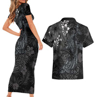 Hawaiian Tropical Plants and Tribal Whales Couples Matching Short Sleeve Bodycon Dress and Hawaiian Shirt Polynesian Art Tattoo Grayscale LT03 - Polynesian Pride
