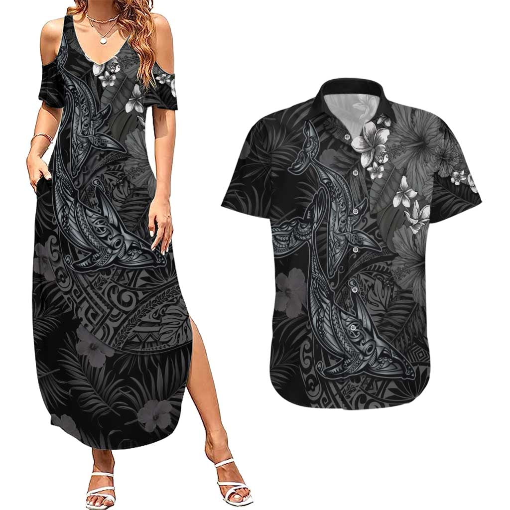 Hawaiian Tropical Plants and Tribal Whales Couples Matching Summer Maxi Dress and Hawaiian Shirt Polynesian Art Tattoo Grayscale LT03 Black - Polynesian Pride