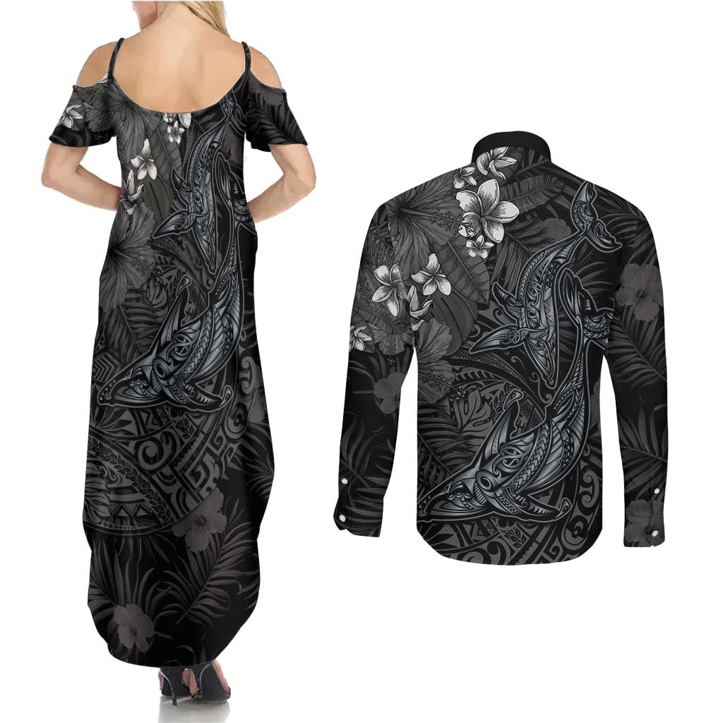 Hawaiian Tropical Plants and Tribal Whales Couples Matching Summer Maxi Dress and Long Sleeve Button Shirt Polynesian Art Tattoo Grayscale LT03 - Polynesian Pride