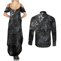 Hawaiian Tropical Plants and Tribal Whales Couples Matching Summer Maxi Dress and Long Sleeve Button Shirt Polynesian Art Tattoo Grayscale LT03 - Polynesian Pride