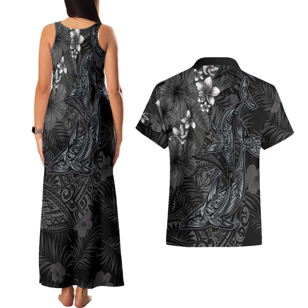 Hawaiian Tropical Plants and Tribal Whales Couples Matching Tank Maxi Dress and Hawaiian Shirt Polynesian Art Tattoo Grayscale LT03 - Polynesian Pride