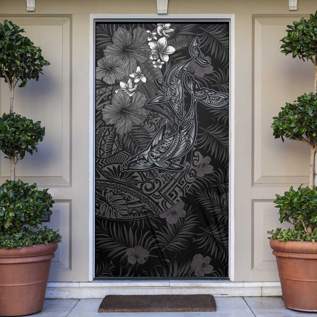Hawaiian Tropical Plants and Tribal Whales Door Cover Polynesian Art Tattoo Grayscale