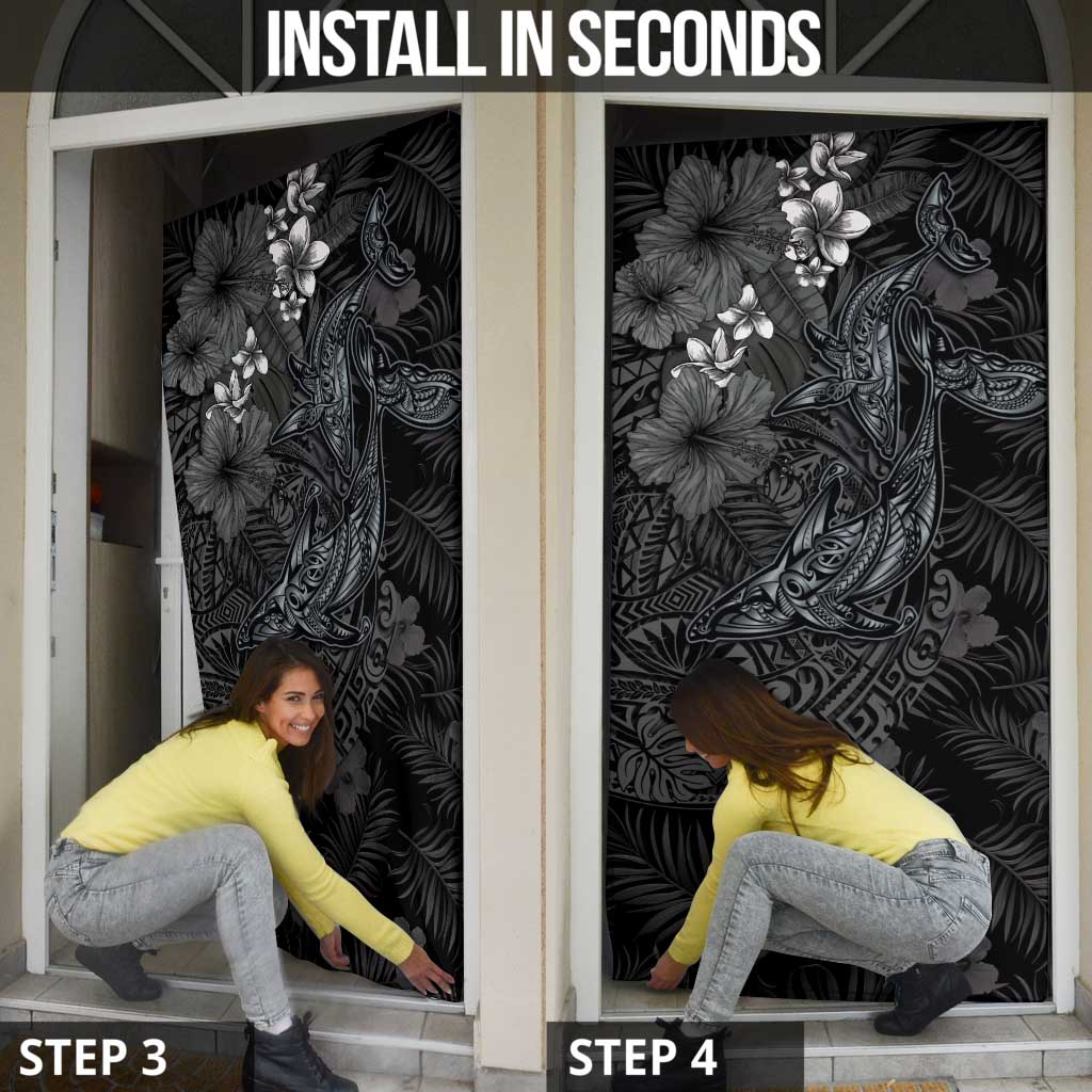 Hawaiian Tropical Plants and Tribal Whales Door Cover Polynesian Art Tattoo Grayscale