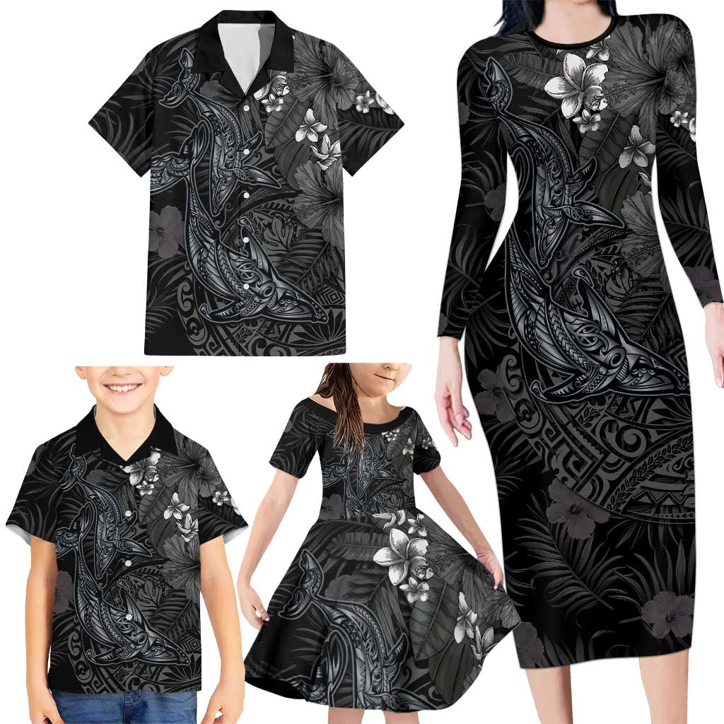 Hawaiian Tropical Plants and Tribal Whales Family Matching Long Sleeve Bodycon Dress and Hawaiian Shirt Polynesian Art Tattoo Grayscale