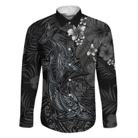 Hawaiian Tropical Plants and Tribal Whales Family Matching Mermaid Dress and Hawaiian Shirt Polynesian Art Tattoo Grayscale LT03 Dad's Shirt - Long Sleeve Black - Polynesian Pride