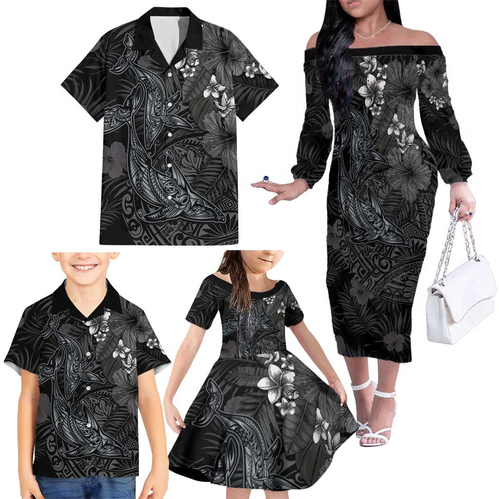 Hawaiian Tropical Plants and Tribal Whales Family Matching Off The Shoulder Long Sleeve Dress and Hawaiian Shirt Polynesian Art Tattoo Grayscale LT03 - Polynesian Pride