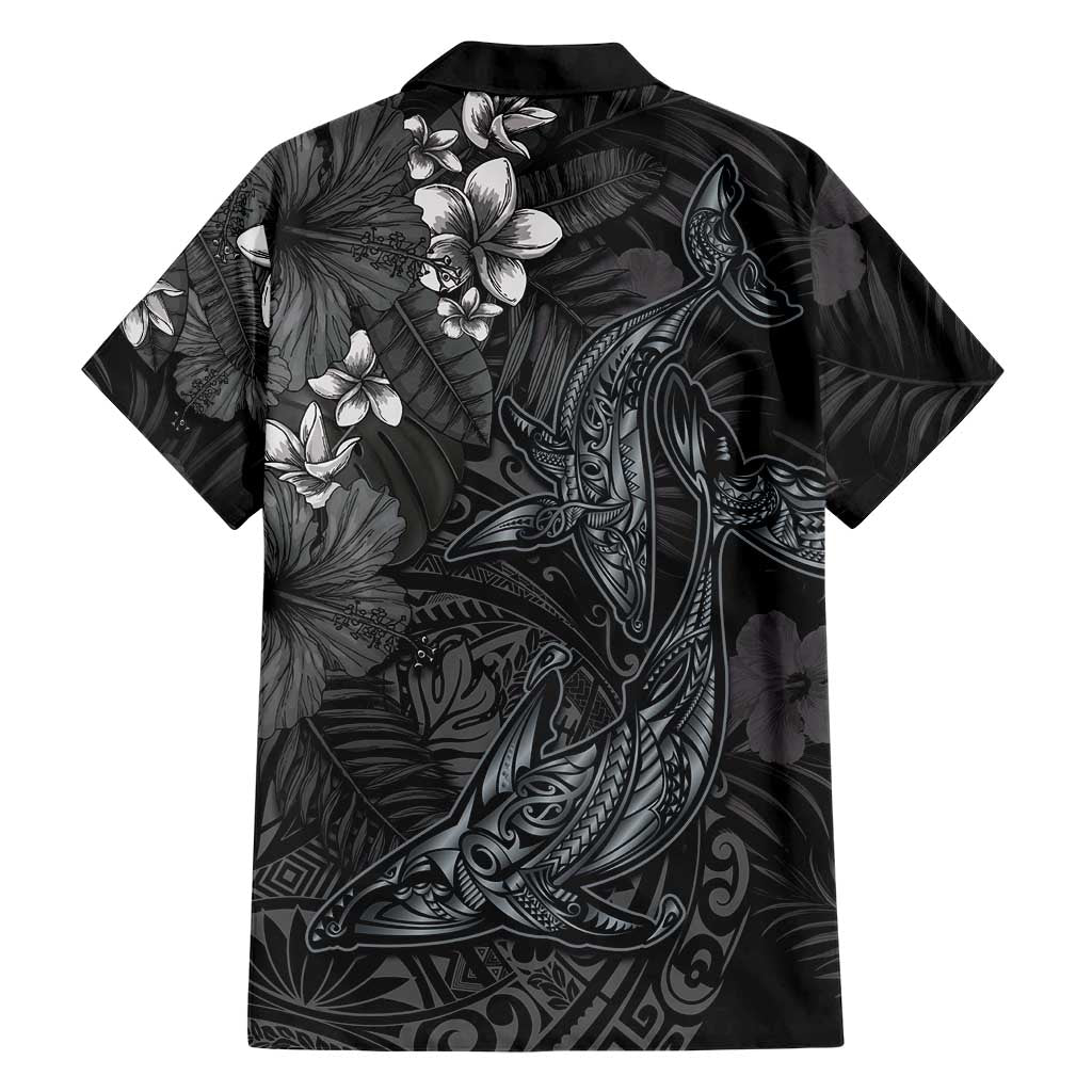 Hawaiian Tropical Plants and Tribal Whales Family Matching Off The Shoulder Long Sleeve Dress and Hawaiian Shirt Polynesian Art Tattoo Grayscale LT03 - Polynesian Pride
