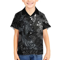 Hawaiian Tropical Plants and Tribal Whales Family Matching Off The Shoulder Long Sleeve Dress and Hawaiian Shirt Polynesian Art Tattoo Grayscale LT03 Son's Shirt Black - Polynesian Pride