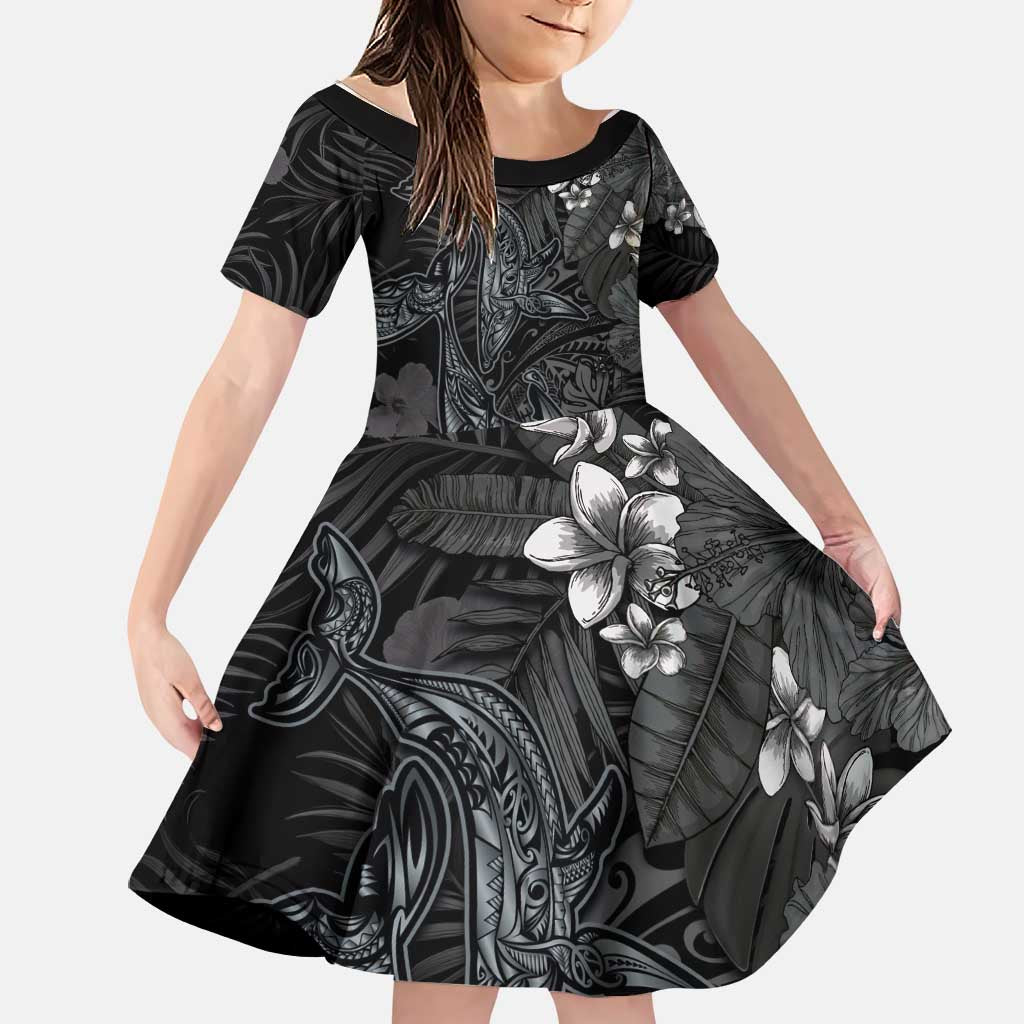 Hawaiian Tropical Plants and Tribal Whales Family Matching Off Shoulder Maxi Dress and Hawaiian Shirt Polynesian Art Tattoo Grayscale LT03 Daughter's Dress Black - Polynesian Pride