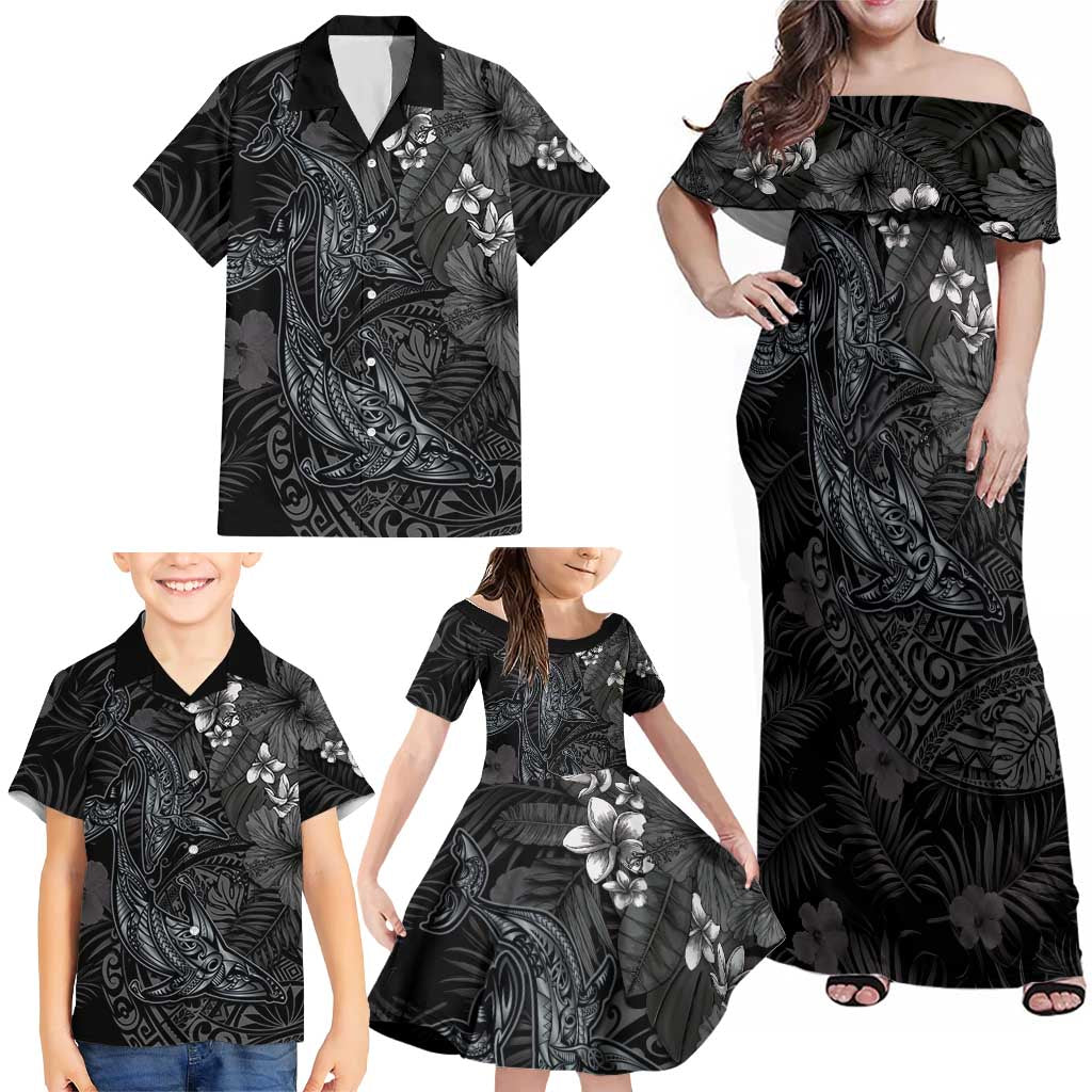 Hawaiian Tropical Plants and Tribal Whales Family Matching Off Shoulder Maxi Dress and Hawaiian Shirt Polynesian Art Tattoo Grayscale LT03 - Polynesian Pride
