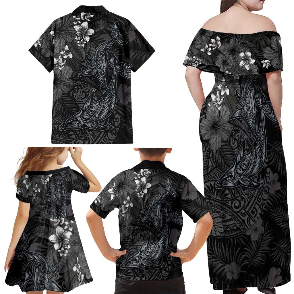 Hawaiian Tropical Plants and Tribal Whales Family Matching Off Shoulder Maxi Dress and Hawaiian Shirt Polynesian Art Tattoo Grayscale LT03 - Polynesian Pride