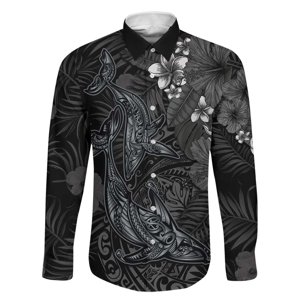 Hawaiian Tropical Plants and Tribal Whales Family Matching Off Shoulder Maxi Dress and Hawaiian Shirt Polynesian Art Tattoo Grayscale LT03 Dad's Shirt - Long Sleeve Black - Polynesian Pride