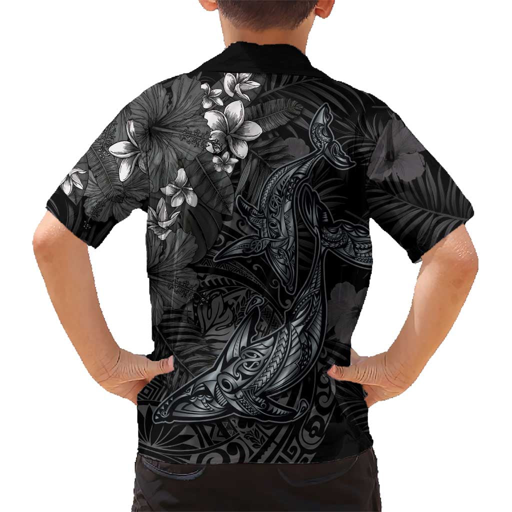 Hawaiian Tropical Plants and Tribal Whales Family Matching Off Shoulder Short Dress and Hawaiian Shirt Polynesian Art Tattoo Grayscale LT03 - Polynesian Pride