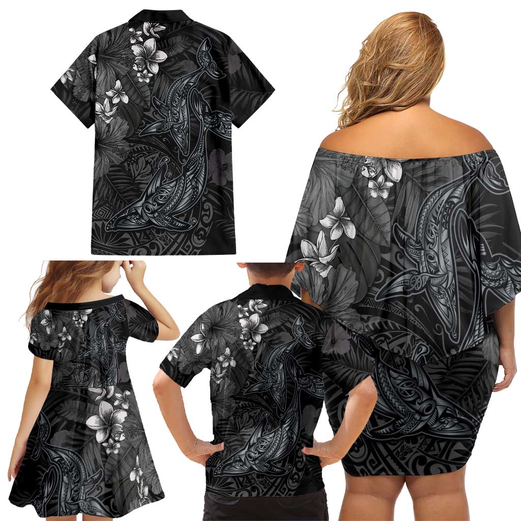 Hawaiian Tropical Plants and Tribal Whales Family Matching Off Shoulder Short Dress and Hawaiian Shirt Polynesian Art Tattoo Grayscale LT03 - Polynesian Pride