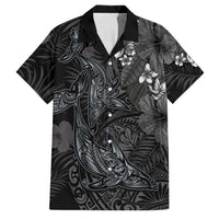 Hawaiian Tropical Plants and Tribal Whales Family Matching Off Shoulder Short Dress and Hawaiian Shirt Polynesian Art Tattoo Grayscale LT03 Dad's Shirt - Short Sleeve Black - Polynesian Pride