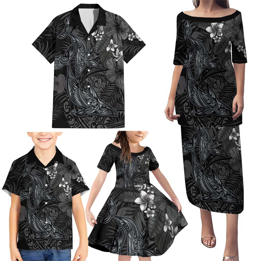 Hawaiian Tropical Plants and Tribal Whales Family Matching Puletasi and Hawaiian Shirt Polynesian Art Tattoo Grayscale