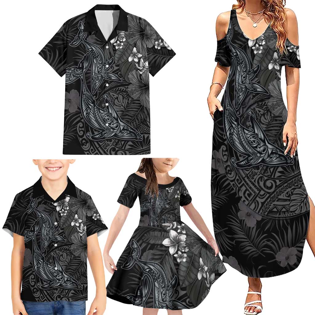 Hawaiian Tropical Plants and Tribal Whales Family Matching Summer Maxi Dress and Hawaiian Shirt Polynesian Art Tattoo Grayscale LT03 - Polynesian Pride