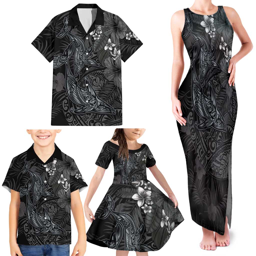 Hawaiian Tropical Plants and Tribal Whales Family Matching Tank Maxi Dress and Hawaiian Shirt Polynesian Art Tattoo Grayscale