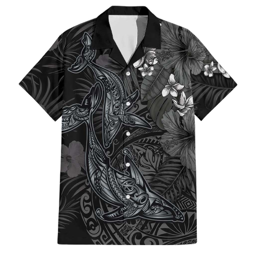 Hawaiian Tropical Plants and Tribal Whales Family Matching Tank Maxi Dress and Hawaiian Shirt Polynesian Art Tattoo Grayscale LT03 Dad's Shirt - Short Sleeve Black - Polynesian Pride