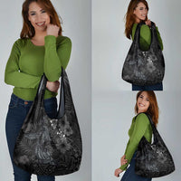 Hawaiian Tropical Plants and Tribal Whales Grocery Bag Polynesian Art Tattoo Grayscale