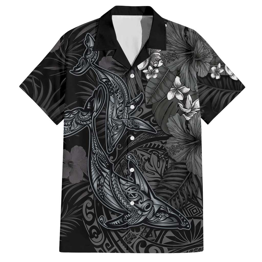 Hawaiian Tropical Plants and Tribal Whales Hawaiian Shirt Polynesian Art Tattoo Grayscale
