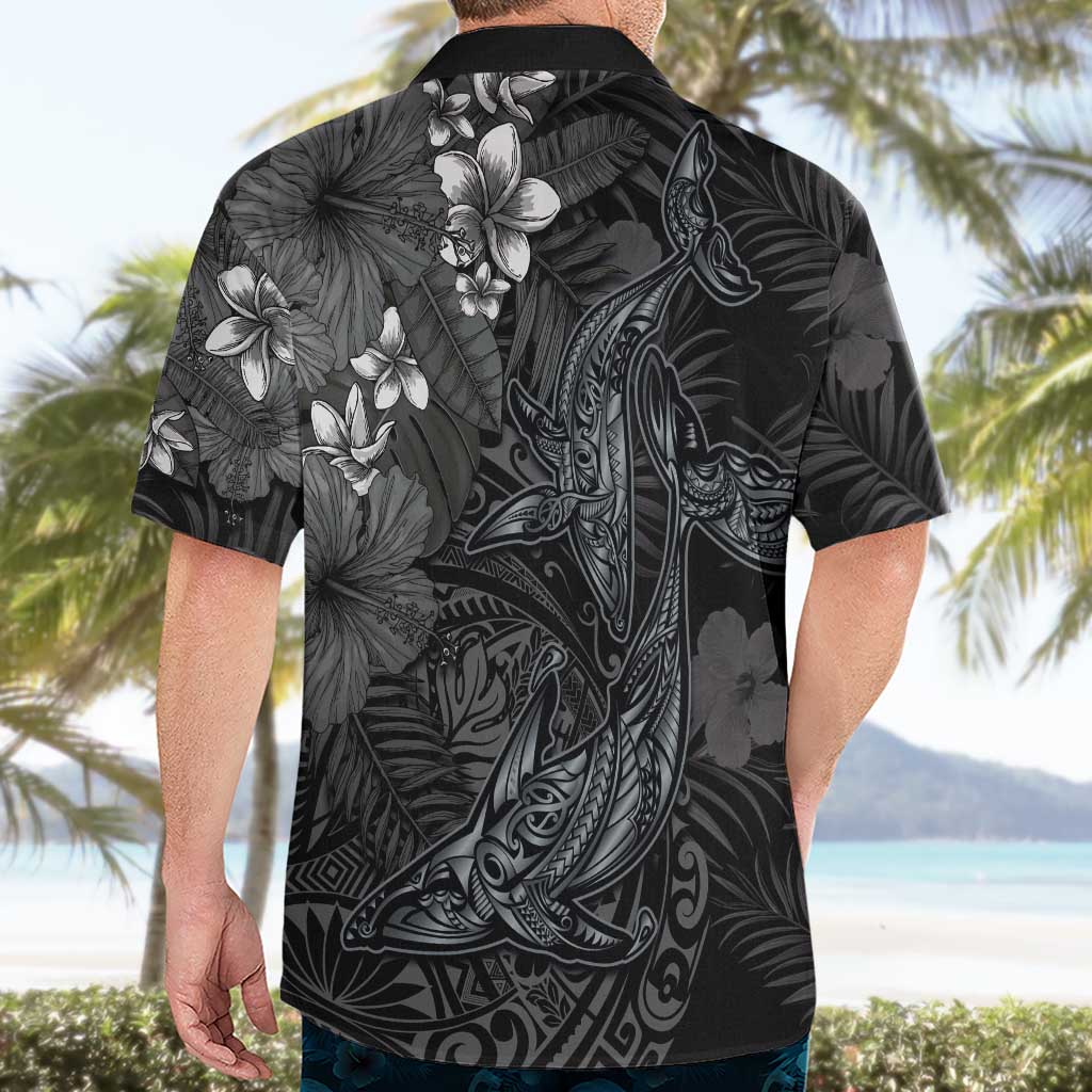 Hawaiian Tropical Plants and Tribal Whales Hawaiian Shirt Polynesian Art Tattoo Grayscale