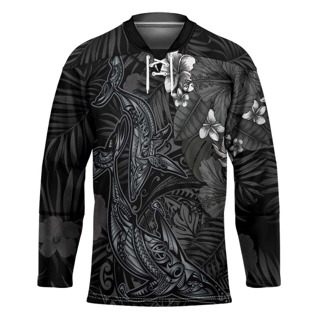 Hawaiian Tropical Plants and Tribal Whales Hockey Jersey Polynesian Art Tattoo Grayscale