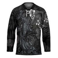 Hawaiian Tropical Plants and Tribal Whales Hockey Jersey Polynesian Art Tattoo Grayscale