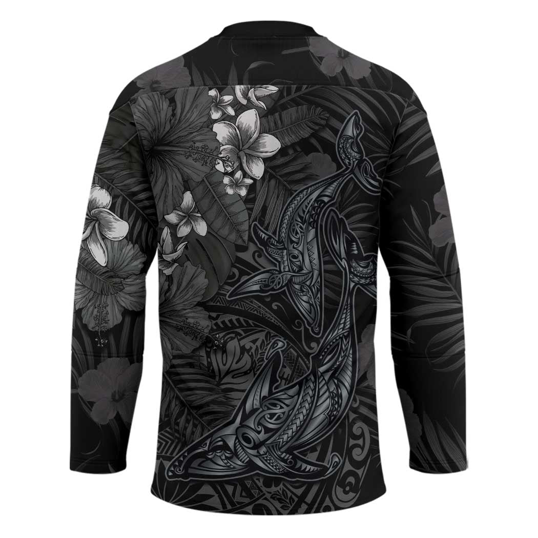 Hawaiian Tropical Plants and Tribal Whales Hockey Jersey Polynesian Art Tattoo Grayscale
