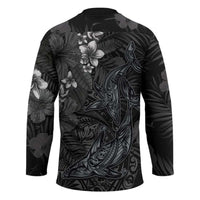 Hawaiian Tropical Plants and Tribal Whales Hockey Jersey Polynesian Art Tattoo Grayscale