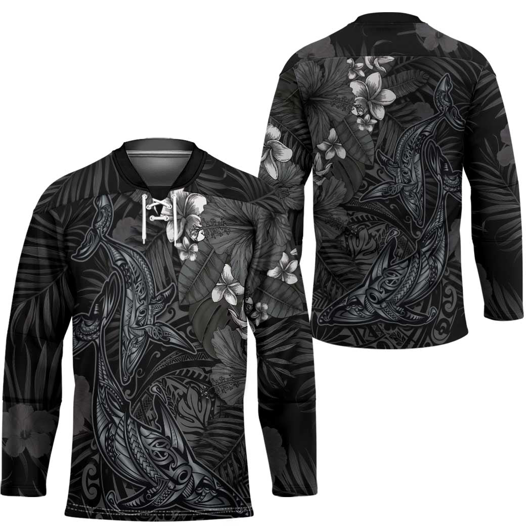 Hawaiian Tropical Plants and Tribal Whales Hockey Jersey Polynesian Art Tattoo Grayscale