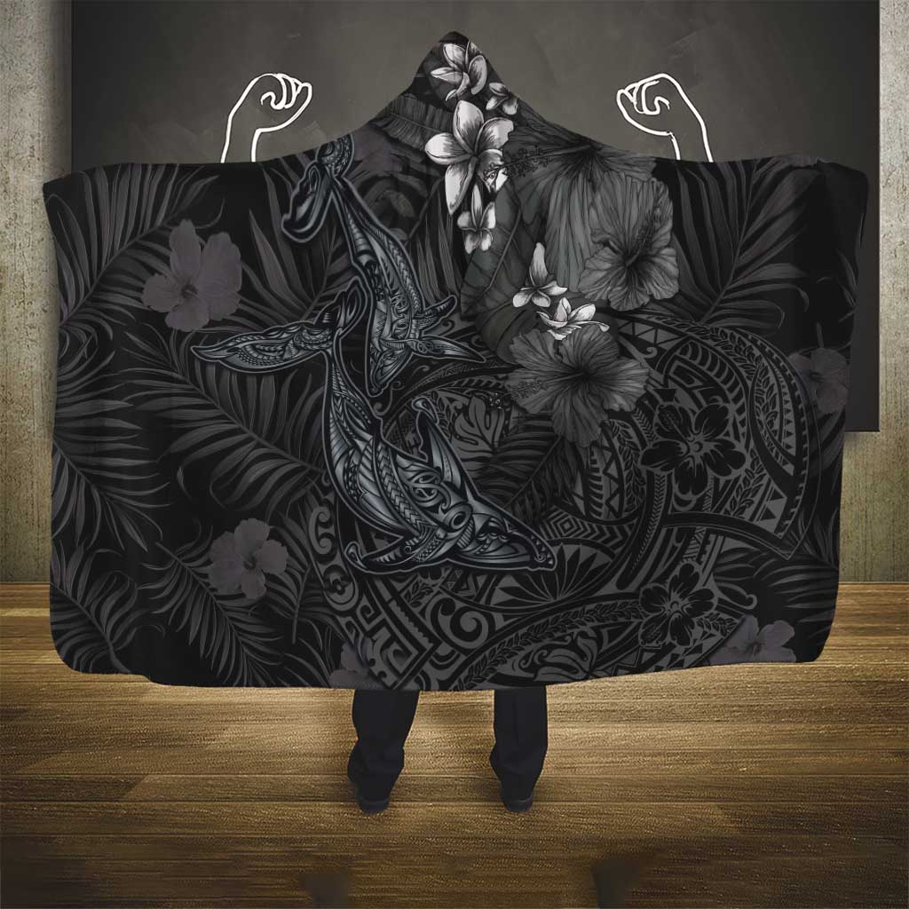 Hawaiian Tropical Plants and Tribal Whales Hooded Blanket Polynesian Art Tattoo Grayscale