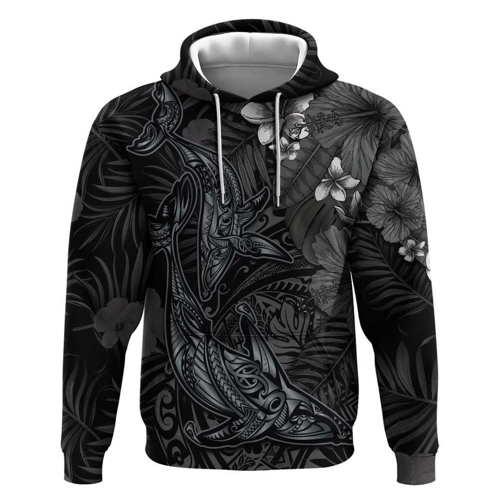 Hawaiian Tropical Plants and Tribal Whales Hoodie Polynesian Art Tattoo Grayscale