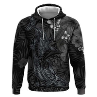 Hawaiian Tropical Plants and Tribal Whales Hoodie Polynesian Art Tattoo Grayscale