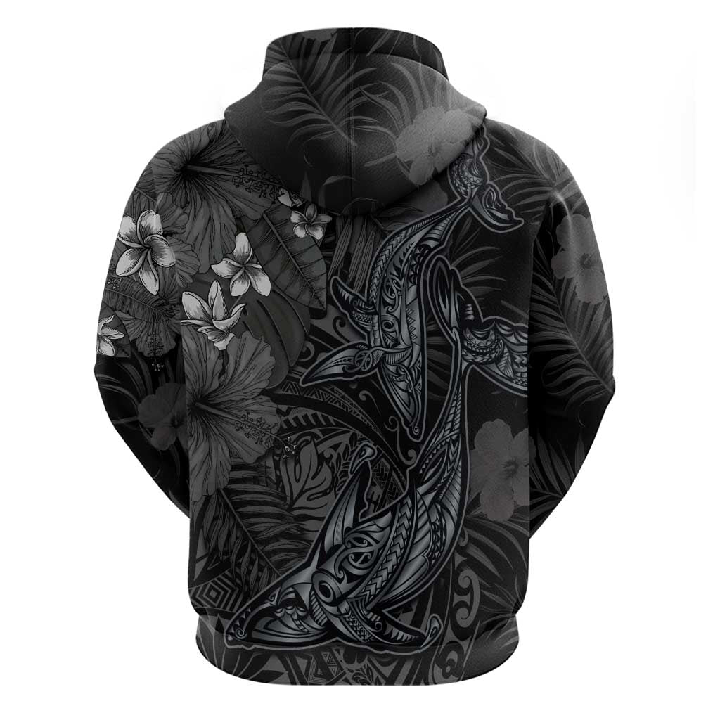 Hawaiian Tropical Plants and Tribal Whales Hoodie Polynesian Art Tattoo Grayscale