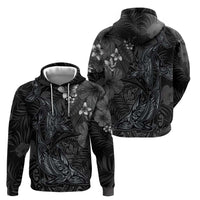 Hawaiian Tropical Plants and Tribal Whales Hoodie Polynesian Art Tattoo Grayscale