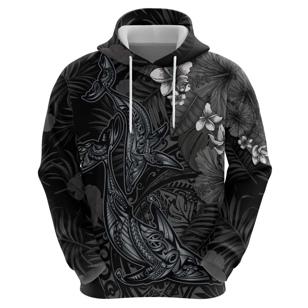 Hawaiian Tropical Plants and Tribal Whales Hoodie Polynesian Art Tattoo Grayscale