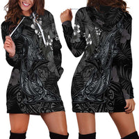 Hawaiian Tropical Plants and Tribal Whales Hoodie Dress Polynesian Art Tattoo Grayscale LT03 - Polynesian Pride