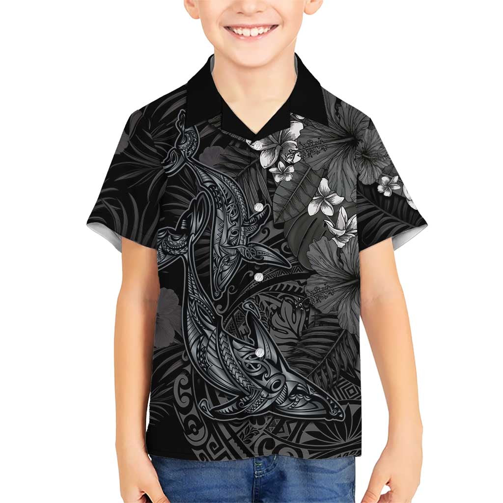 Hawaiian Tropical Plants and Tribal Whales Kid Hawaiian Shirt Polynesian Art Tattoo Grayscale