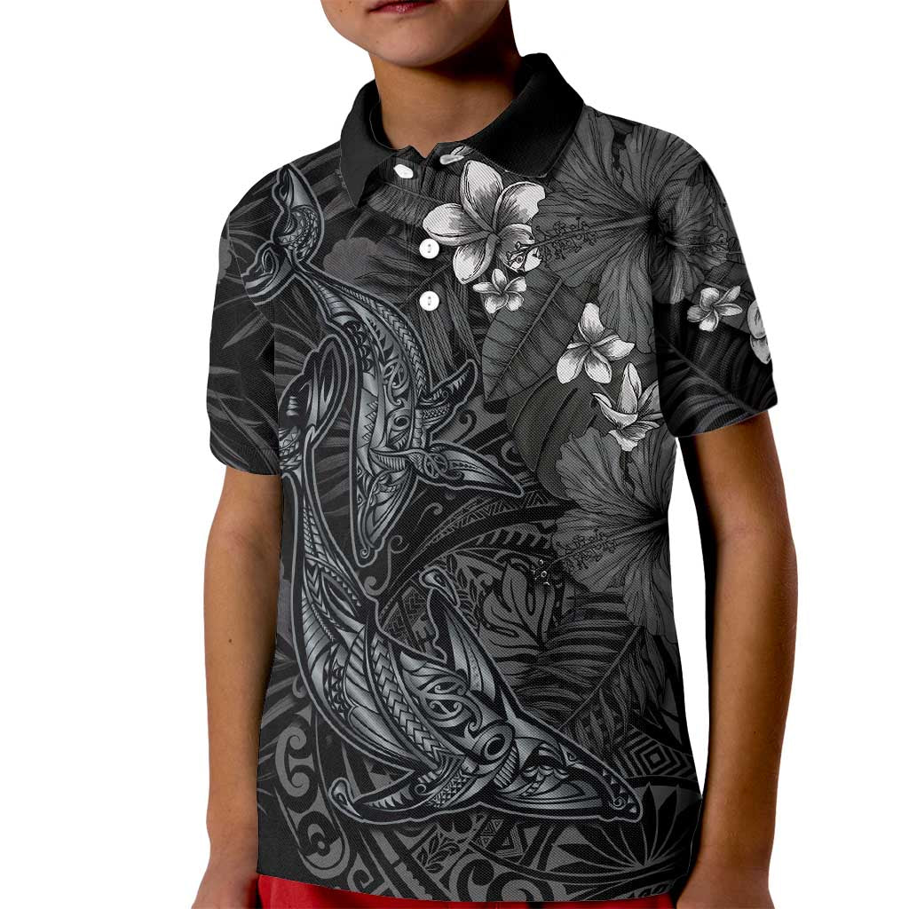 Hawaiian Tropical Plants and Tribal Whales Kid Polo Shirt Polynesian Art Tattoo Grayscale