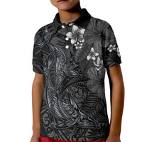Hawaiian Tropical Plants and Tribal Whales Kid Polo Shirt Polynesian Art Tattoo Grayscale