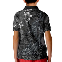 Hawaiian Tropical Plants and Tribal Whales Kid Polo Shirt Polynesian Art Tattoo Grayscale