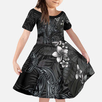 Hawaiian Tropical Plants and Tribal Whales Kid Short Sleeve Dress Polynesian Art Tattoo Grayscale