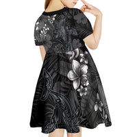 Hawaiian Tropical Plants and Tribal Whales Kid Short Sleeve Dress Polynesian Art Tattoo Grayscale