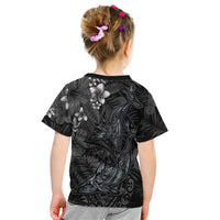 Hawaiian Tropical Plants and Tribal Whales Kid T Shirt Polynesian Art Tattoo Grayscale