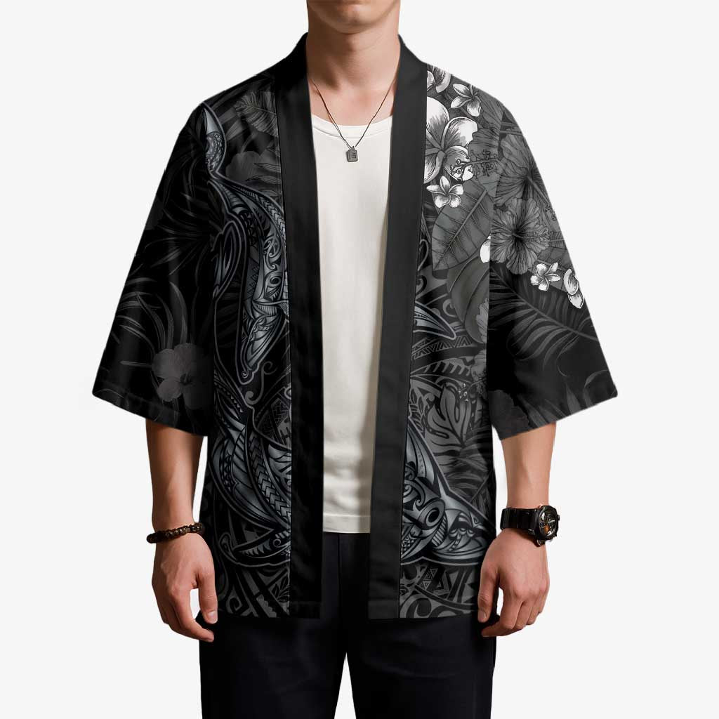 Hawaiian Tropical Plants and Tribal Whales Kimono Polynesian Art Tattoo Grayscale