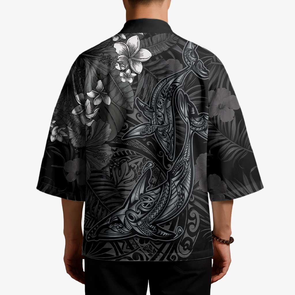 Hawaiian Tropical Plants and Tribal Whales Kimono Polynesian Art Tattoo Grayscale