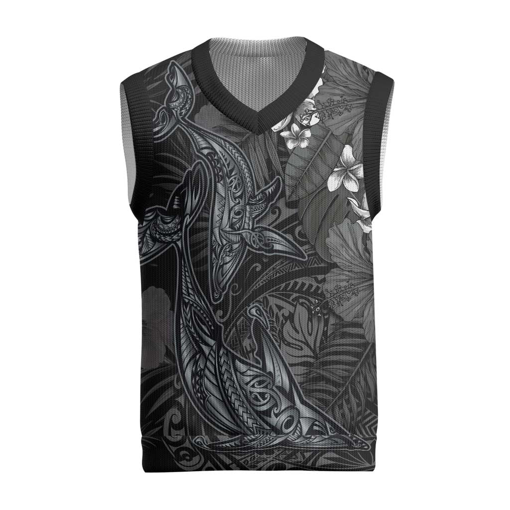 Hawaiian Tropical Plants and Tribal Whales Christmas Knitted V-Neck Vest Polynesian Art Tattoo Grayscale