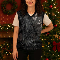 Hawaiian Tropical Plants and Tribal Whales Christmas Knitted V-Neck Vest Polynesian Art Tattoo Grayscale LT03 - Polynesian Pride