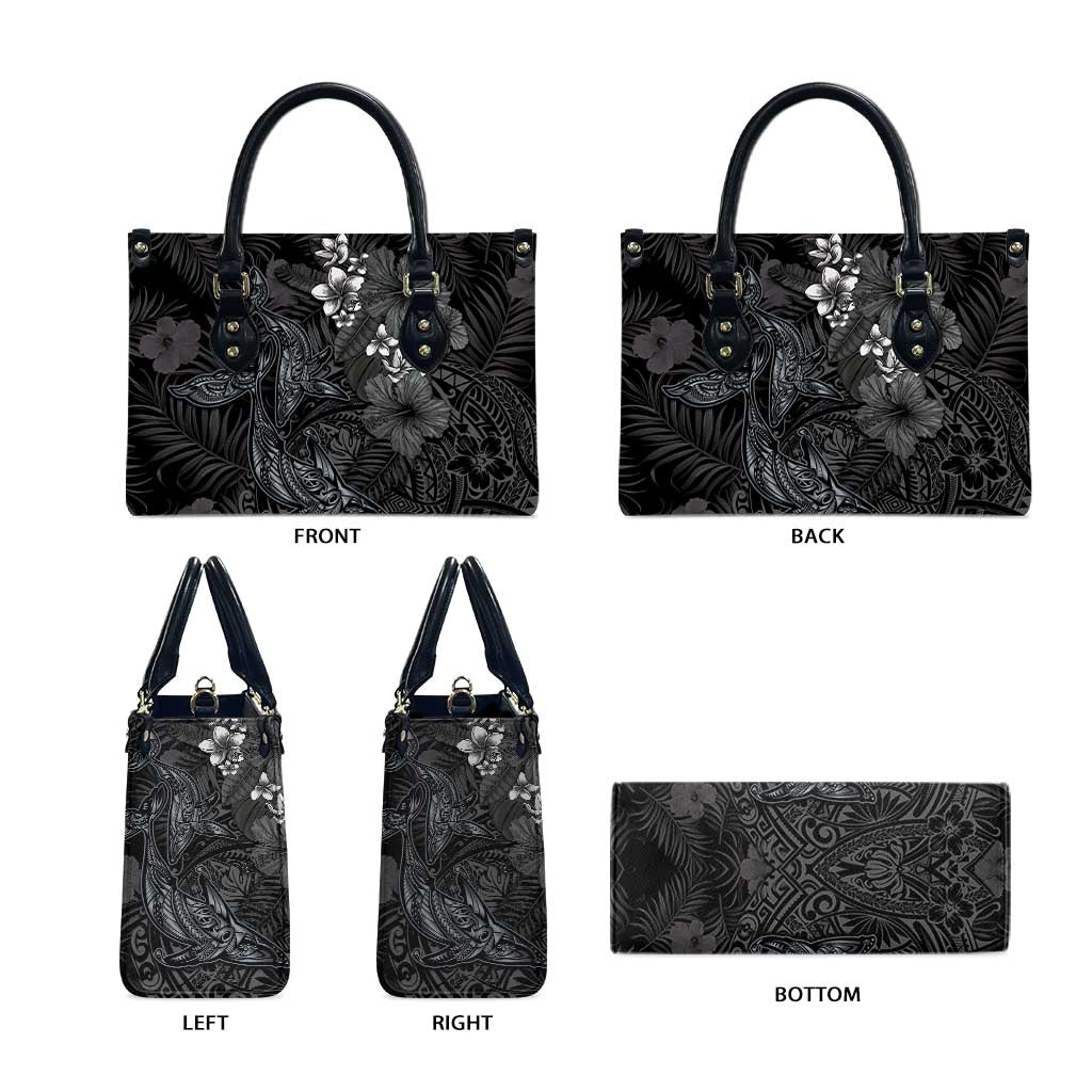 Hawaiian Tropical Plants and Tribal Whales Leather Bag Polynesian Art Tattoo Grayscale